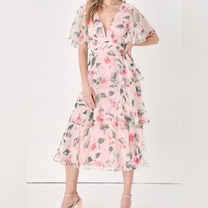 Lulu’s Marvelous Charm Blush Floral Flutter Sleeve Tiered Midi Dress